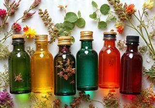 Various vials of colorful essential oils and natural botanicals